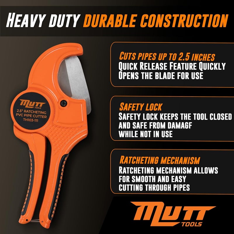 AMERICAN MUTT TOOLS Mutt Tools Professional 2-1/2 Inch PVC Pipe Cutter Tool - Heavy-Duty Ratcheting Pipe Cutter for PVC, CPVC, PEX, ABS Plastic Pipes - Cuts Up to 2.5 Inch Outer Diameter - Plumbing Cutting Tool - Image 3